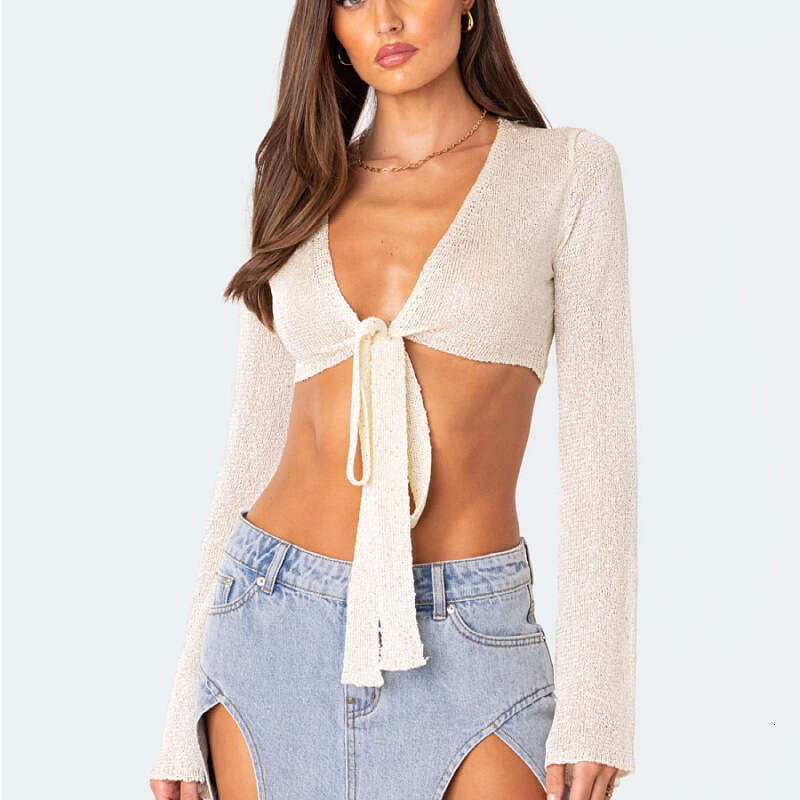 2024 top woolen women's clothing European and American V-neck sexy exposed navel short knitted sweater cardigan for women
