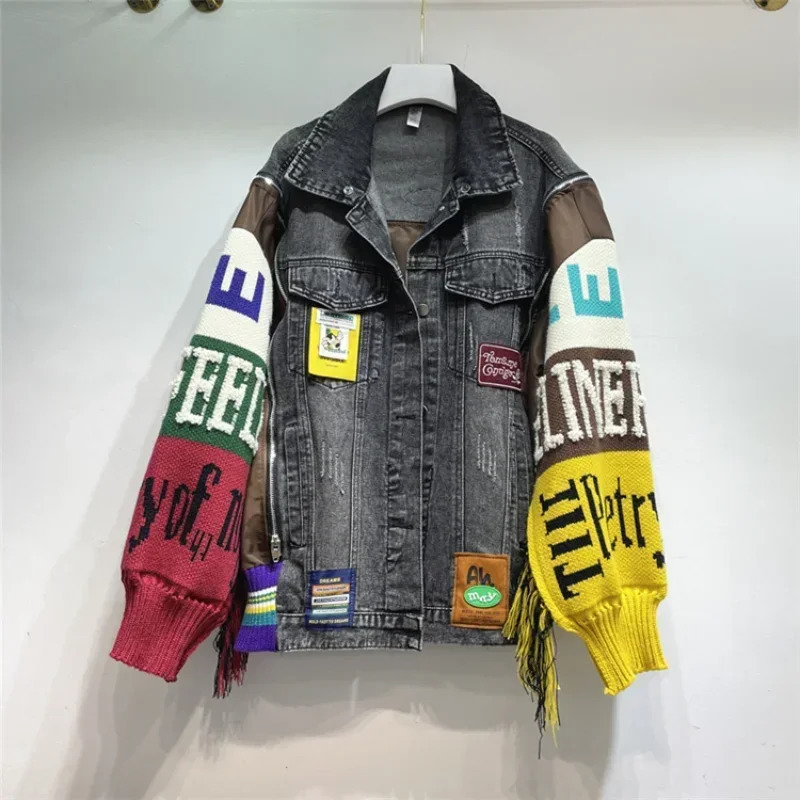 Womens letter badge embroidered denim jacket knitted patchwork sleeves sweater Tassel jeans streetwear cardigan top Chaquetas 241211
