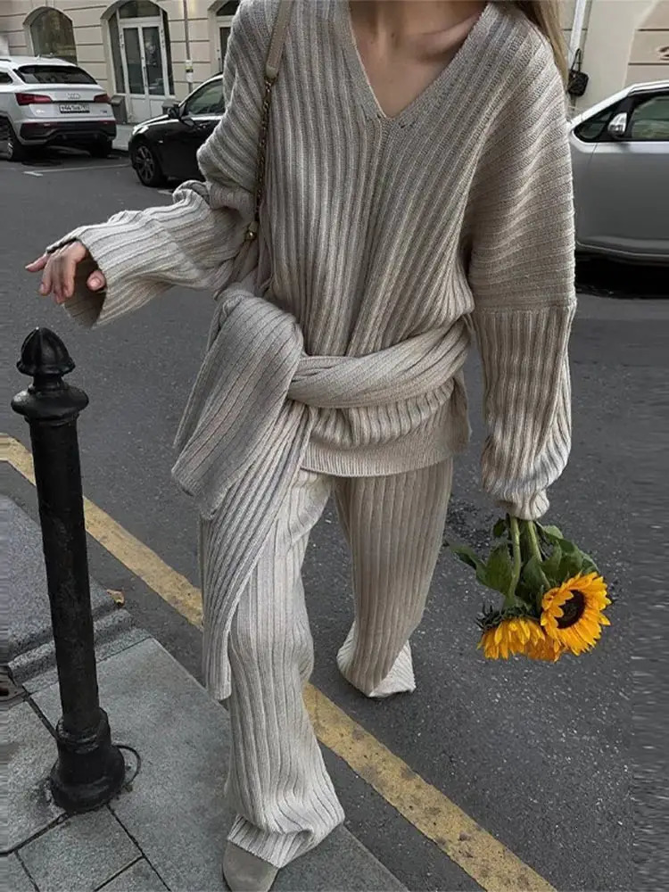 Casual Solid Knit Loose Wide Leg Pants Set Women Elegant Scarf Neck Basic Warm Sweater Suit Lady Chic Autumn Winter 2-piece Sets 241214