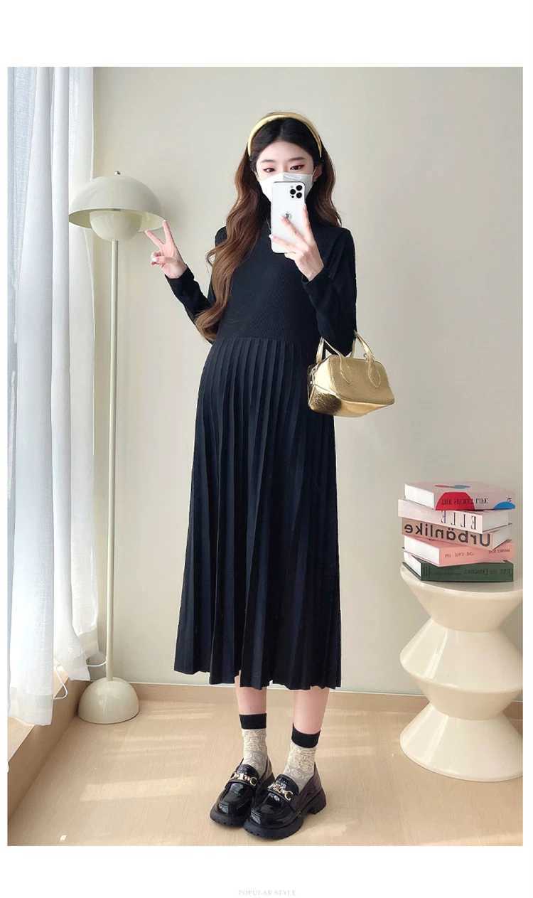 Korean Sle Autumn Pregnant Woman Pleated Dress Long Sleeve Turtleneck Fashion Materni Elegant Dress Pregnancy Evening DressXJ241213