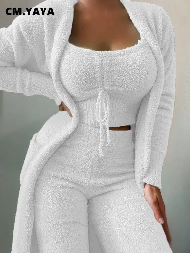 CMYAYA 3Piece Women Sets Plush Velvet Pajama Sleepwear Tank Tops Pants Cardigan Coat Tracksuit Loungewear Causal Outfits 241203