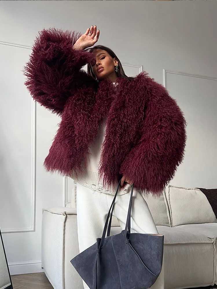 Womens fashionable warm round neck faux fur coat elegant long Slve thick plush jacket 2024 new winter womens high-purity jacket X241214