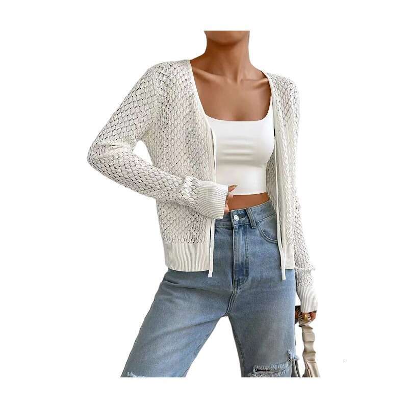 European and American 2024 women's clothing new autumn high-end texture lace up hollow long sleeved knitted sweater cardigan jacket for women