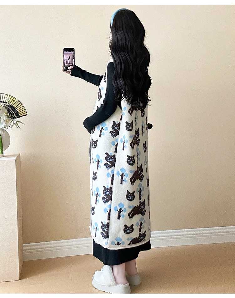 Pregnant Woman Autumn Winter Sleeveless Knitted Dress Fashion Printed Materni Sundress Button Fly Long Loose Cardigans SweaterXJ241213