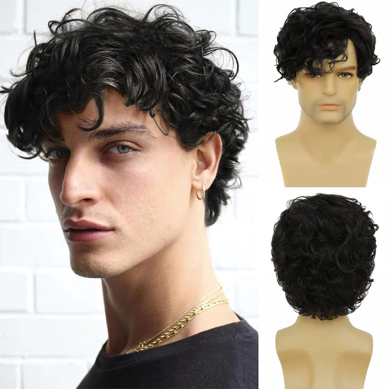 Short black synthetic wigs with bangs for menfluffy curly hair daily heat resistant breathable male wig 241213