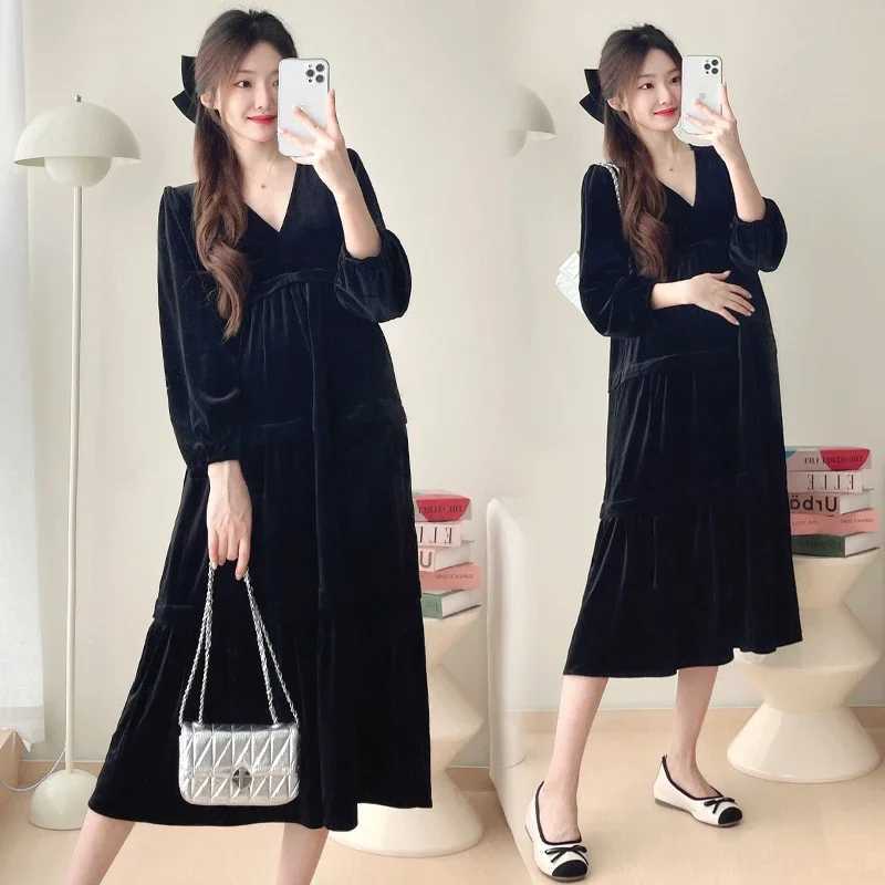 2024 Autumn Materni Velour Dress Black Office Lady Elegant Clothes Long Sleeve V-neck High Waist Pregnant Woman Brief DressesXJ241213