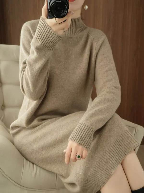 Wool Dress 2024 AutumnWinter Long Sleeve Casual Cashmere Half Collar Sweater Thick Bottom Skirt LJ615 241212