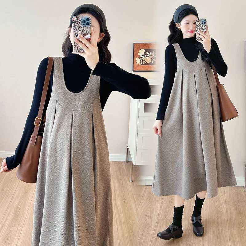 Korean Sle Autumn Materni Strap Dress Solid Color Long Loose Pregnant Woman Pleated Dress Sweet Pregnancy Woolen Dress CuteXJ241213