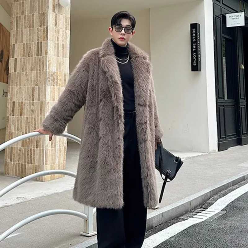 PFHQ Mens Faux Fur Overcoats Korean Style Turn-down Collar Solid Color Breasted Casual Male Thick Loose Male Windbreaker 9C8840 W241213