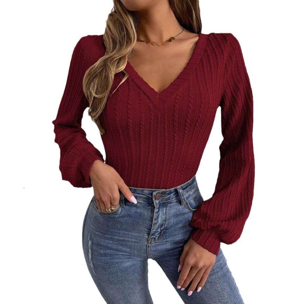 2014 autumn winter new style front rear large V-neck base top, European and American lantern sleeves slim fit T-shirt for women