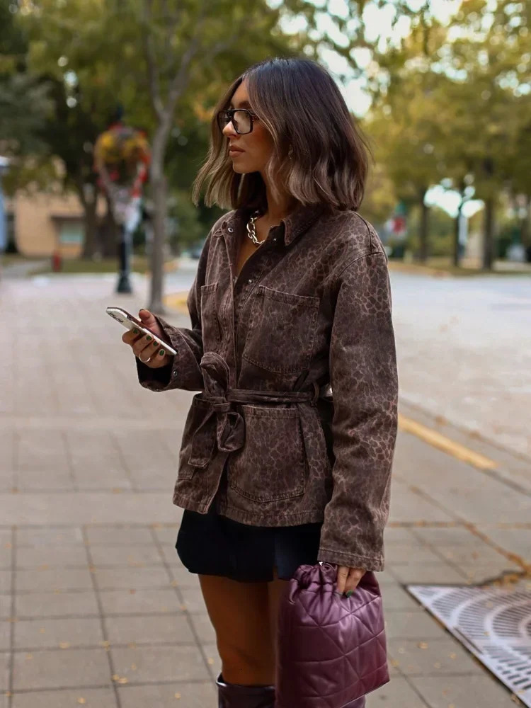 Leopard Printed Denim Single Chest Womens Coat Fashion Collar Long Sleeve Pocket Jacket Autumn 241211