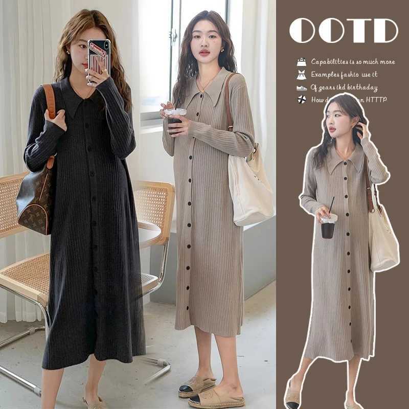 Autumn Pregnant Woman Knit Dress Long Sleeve Turn-down Collar Single-breasted Materni Straight Dress Pregnancy Pleated DressesXJ241213