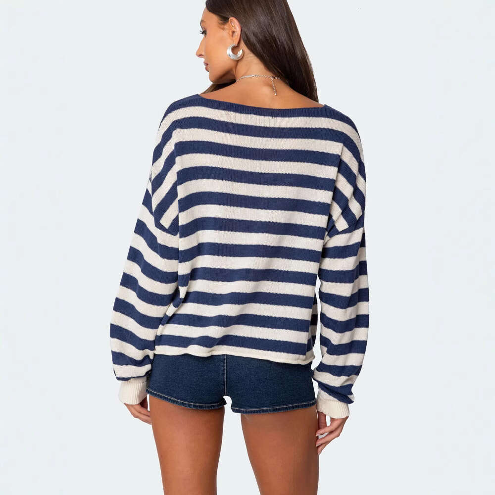 2025 European and American new knitted top women's casual loose striped long sleeved pullover sweater for women