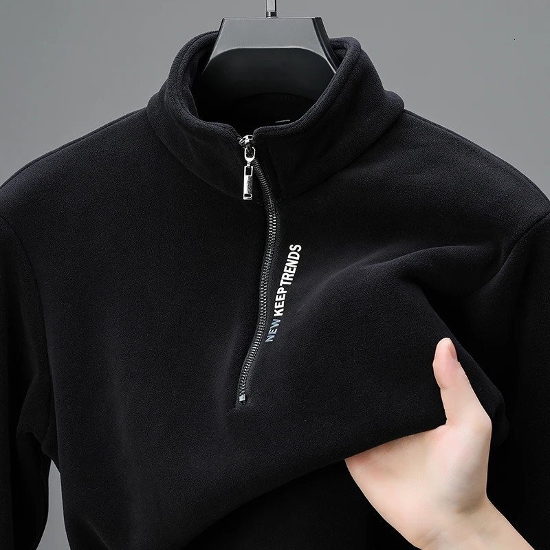 High end half zipper stand up collar sweatshirt men trend letter embroidery Korean sweater winter velvet warm pullover 241209