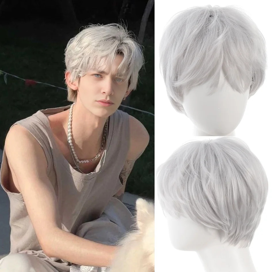 Synthetic wigs for men broken cap 10cm short straight hair slightly curly silver white wig ponytail cosplay christmas gifts 241213