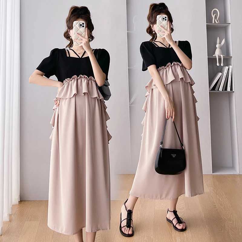 2025 Summer Pregnancy Dress Short Sleeve Square Collar Ruffles Patchwork Materni Chiffon Dress Plus Size Pregnant Women DressXJ241213