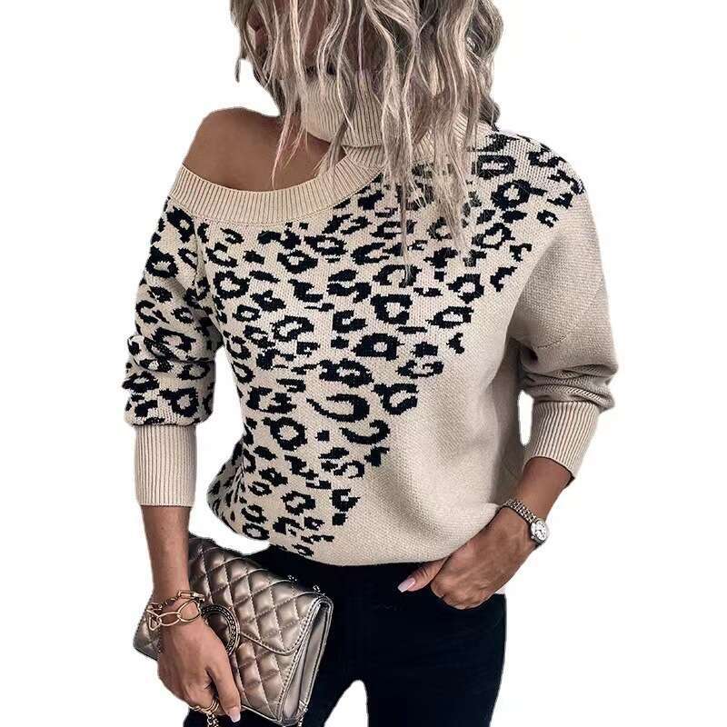 2024 European American fashion autumn and winter leopard print long sleeved women's foreign trade off shoulder knitted sweater