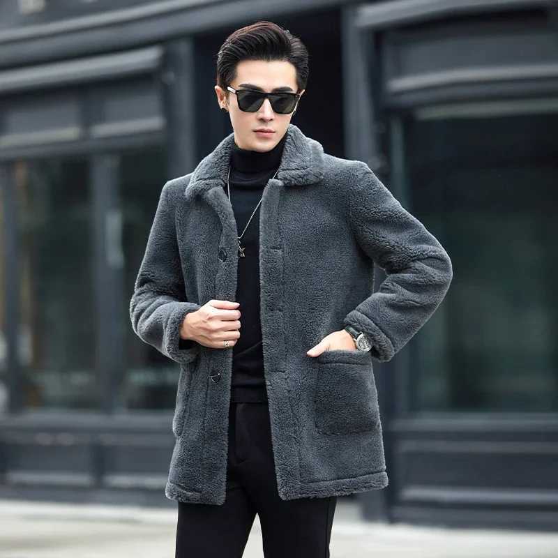 2024 Mens Winter New Authentic Wool Coat Mens Loose Genuine Fur Jacket Mens Business Casual Collar Coat F447 W241213