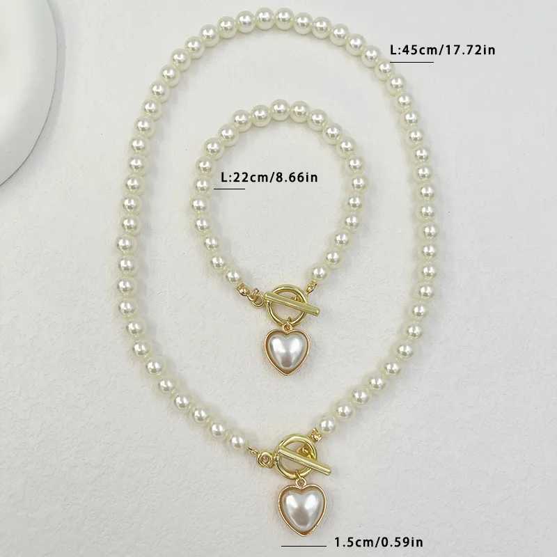 KMVEXO 2pcs Elegant Pearl Heart Pendant Necklaces Bracelet Set Women Imitation Pearls Chain OT Buckle Korean Jewelry Sets GirlsXJ241214