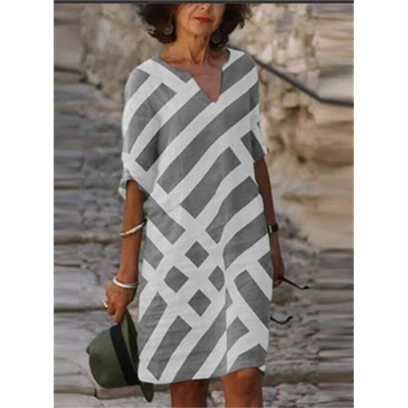 New hot selg fashion V-neck striped printed mid sleeve A-e bamboo en dress 2024 new style chic and elegant clothing