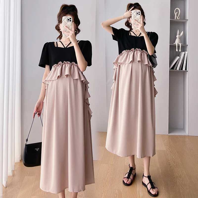 2025 Summer Pregnancy Dress Short Sleeve Square Collar Ruffles Patchwork Materni Chiffon Dress Plus Size Pregnant Women DressXJ241213