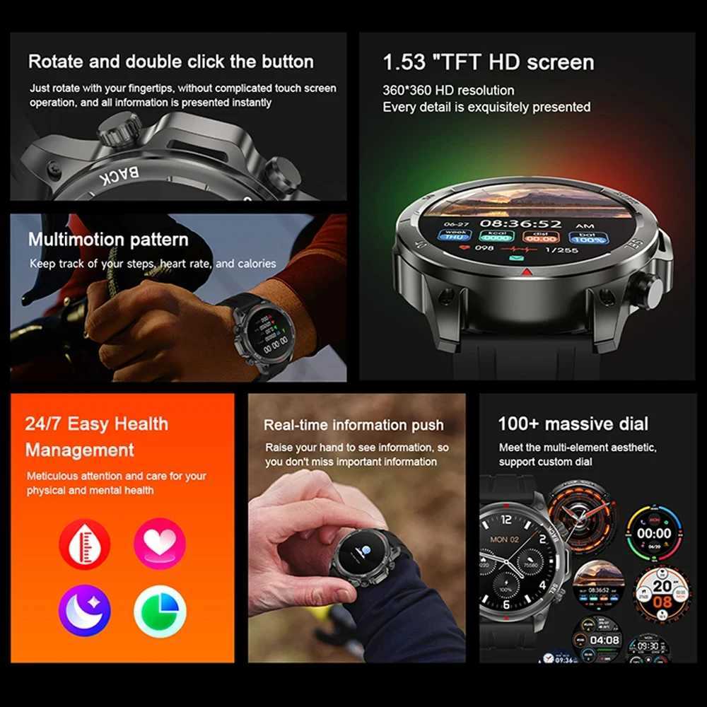 High Quality New Outdoor Military DK68 Mens Smart Watch NFC Access Control Unlock BT Wireless Call Health Sports Womens Smart Watch O241213