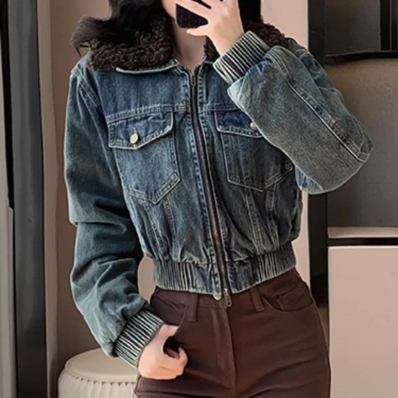 IEQJ Spliced Fur Collar Long Sleeve Cow Jacket Womens Zipper Collar Retro Street Pocket Jacket Womens Jacket 3DM0010 241210