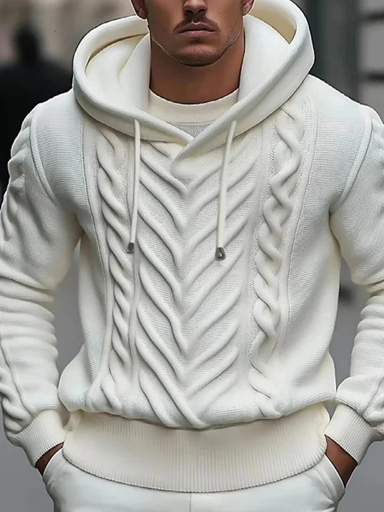 Mens Winter Knit Hoodie Hooded Sweater Vestidos Casual White knitted Men Long Sleeve Trend Knitwear 241209