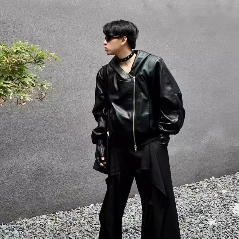 Spring Autumn Korean Style Zippered Hooded PU Leather Jacket Trendy High Street Black Leather Jacket For Men Casual Loose Type