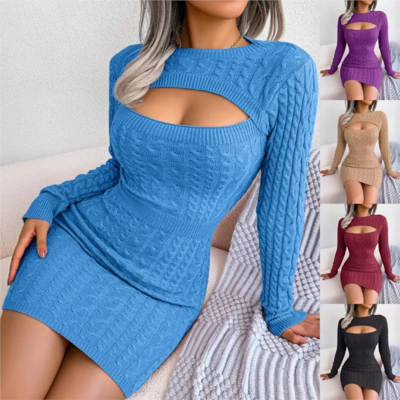 Autumn and winter sexy hollow fried dough twisted waist bag button wool dress round neck long sleeved pencil skirt 241212