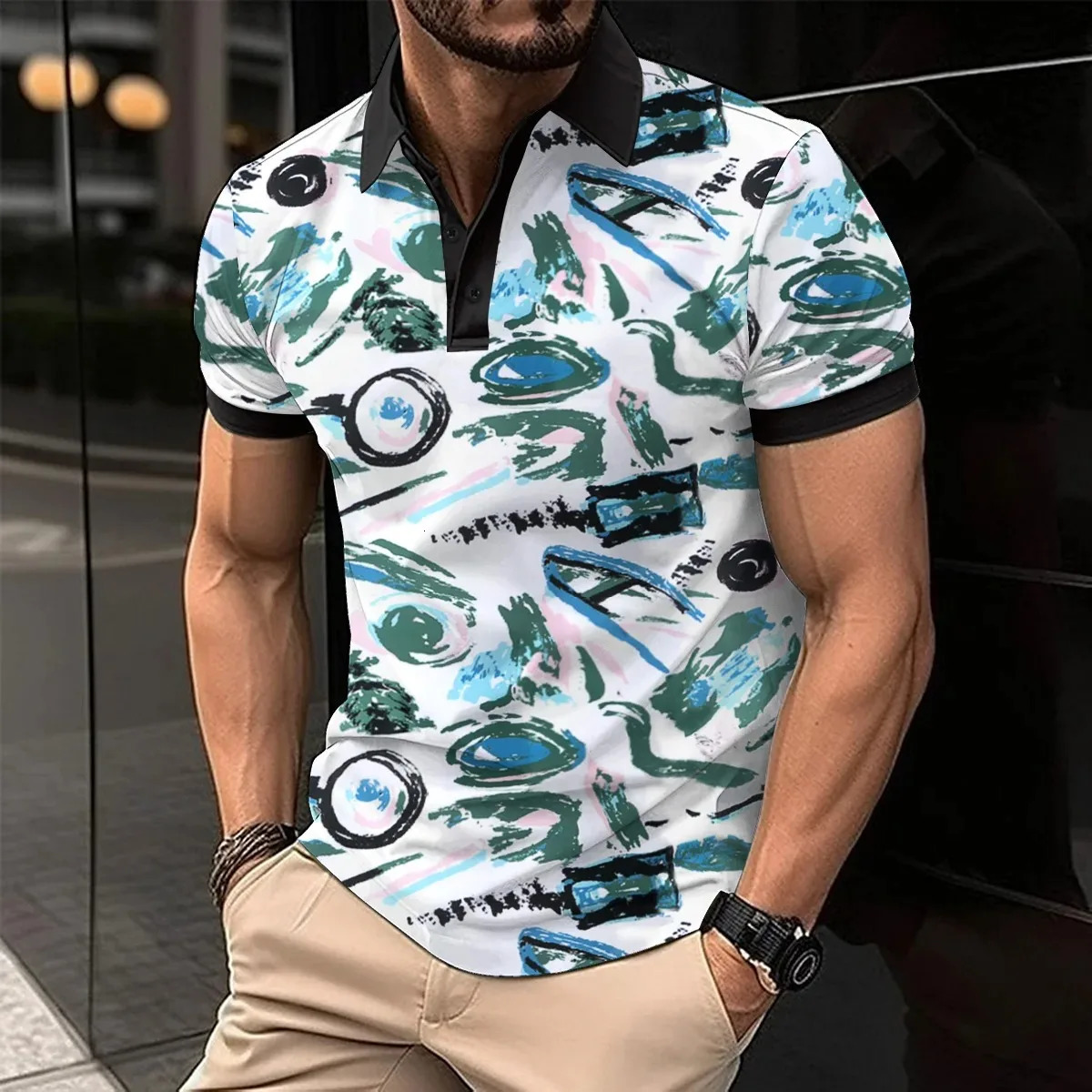 Men Short Sleeved Polo Shirt Fashion Splice Stripe Printing TShirt Mens Breathable Shirts for male Clothing Top button type 241213