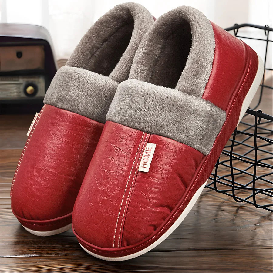Mens Home Slippers Leather Memory Foam Furry IndoorOutdoor Shoes Couple Winter Warm Soft Nonslip y 241214