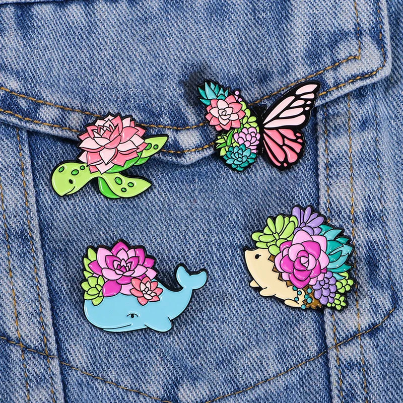 Cute juicy plant enamel brooch cartoon colored animal butterfly turtle hedgehog whale badge spring summer lapel pin 241210
