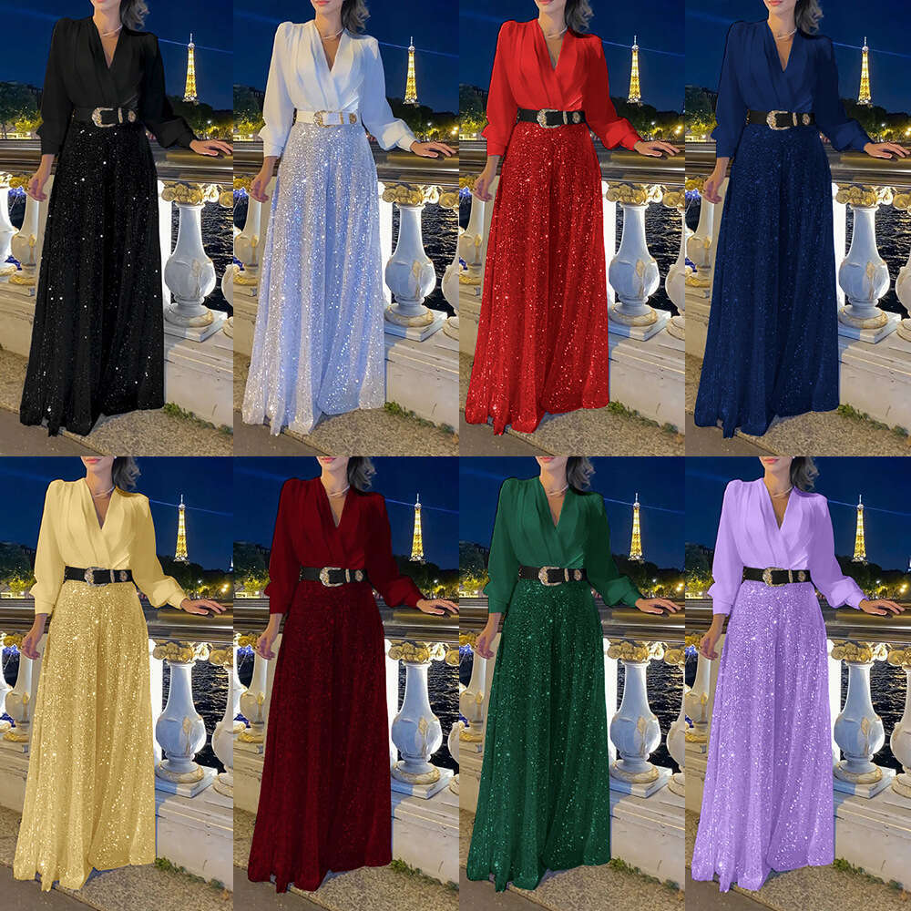 Dress For Women In Spring And Autumn, High-End V-Neck Long Sleeved Shirt, Elegant Temperament, Cinched Waist, Sequined French Wide Leg Pants