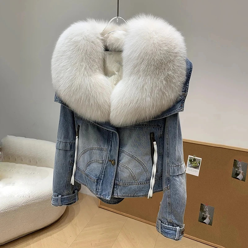 Womens winter coat with real fox fur collar detachable denim fur leather jacket goose down jacket 241210