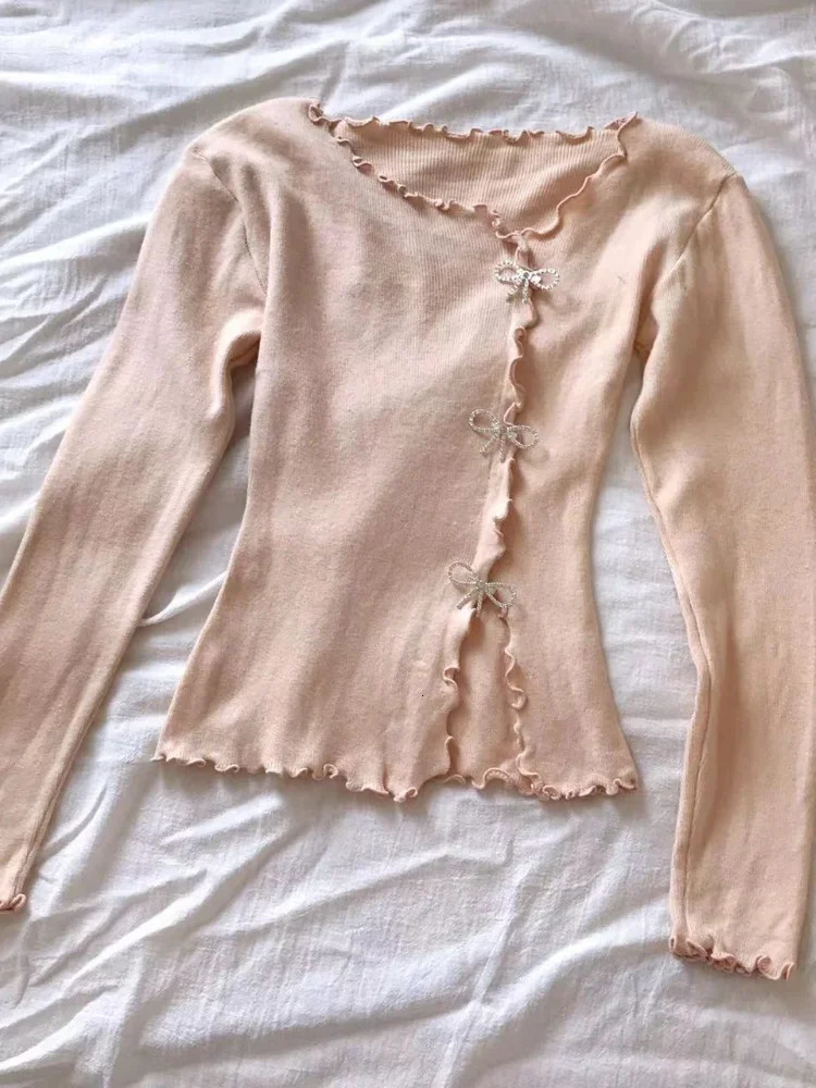 BlackWhite Solid Lettese Decorative Bow Pullover Sweater Y2K Casual Long Sleeve Suitable for SpringSummer Womens Wear 241211