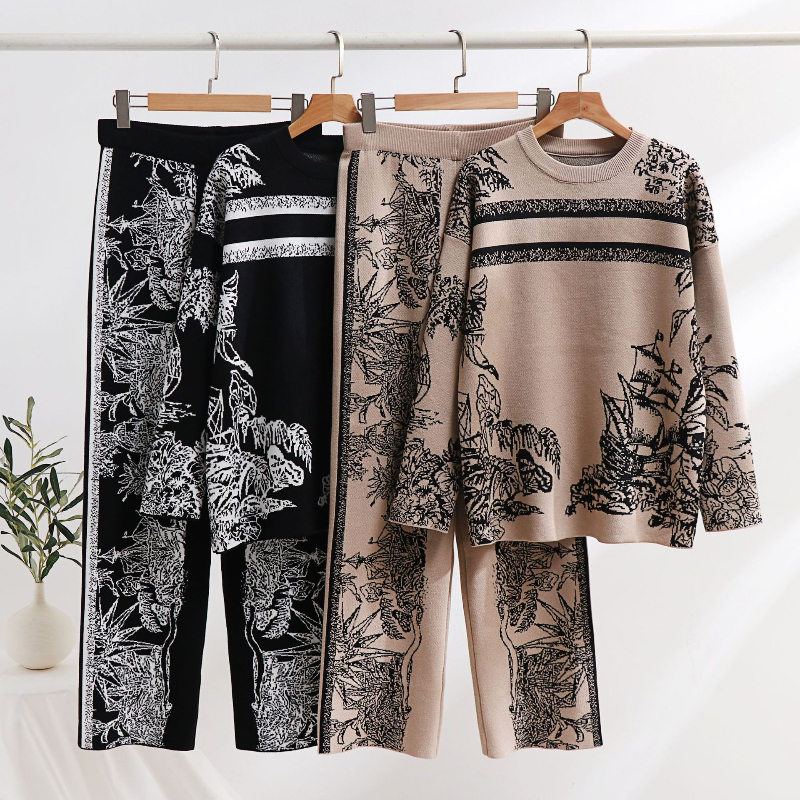 Vintage Elegant Loungewear 2Pcs Pants Set Ink Ral Knit Sweater Matching Casual Knitted Two Piece Sets Women