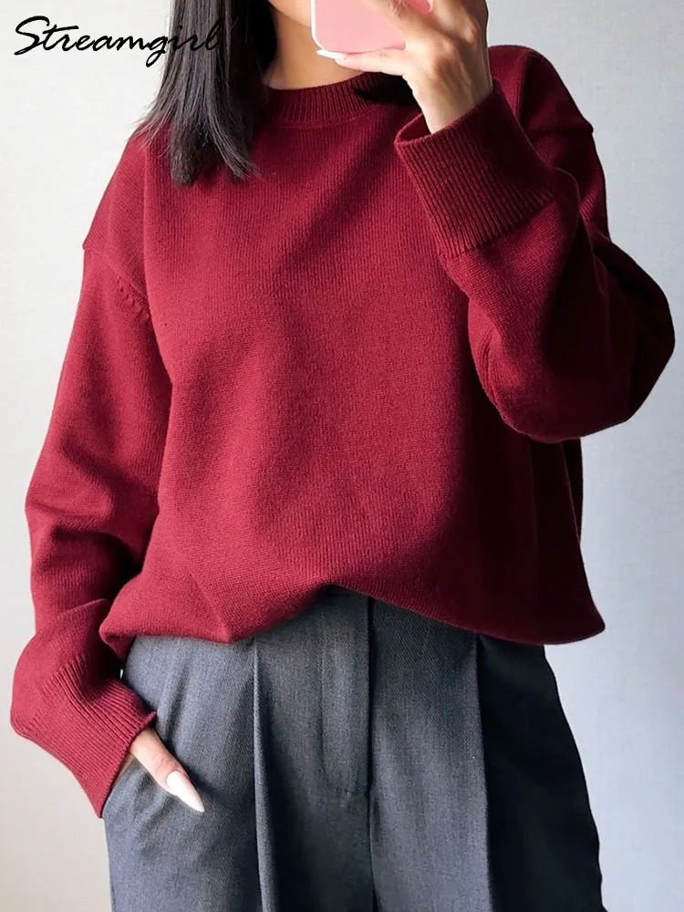 Basic Winter Burgundy Oversized Sweater Womens Oneck Warm Pull Loose Knitted Clothing 2024 241211