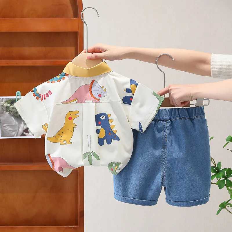 Clothing Sets Cotton Clothes Kids Boy Summer Children Print Dinosaur Shirts Denim Shorts 2Pcs/Set Kids Fashion Toddler Tracksuits 0-5 Years H241214