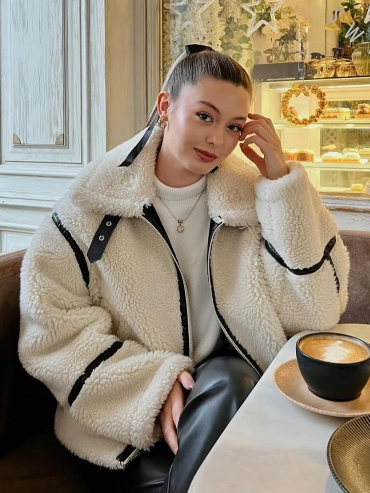 Fashion comparison splicing zipper lapel cashmere jacket womens fashion casual thick warm long sleeved jacket womens fashion jacket 241214