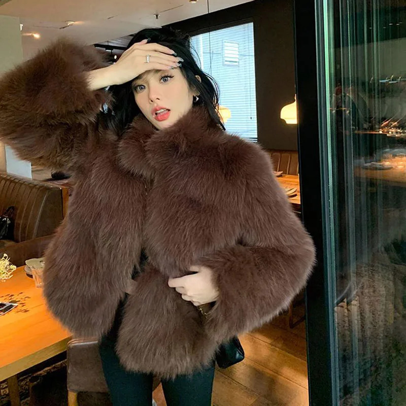 Biyaby Winter Fashion Faux Raccoon Fur Coats Woman High Quali Korean Half Collar Long Sleeve Fluffy Crop Top Women 241211