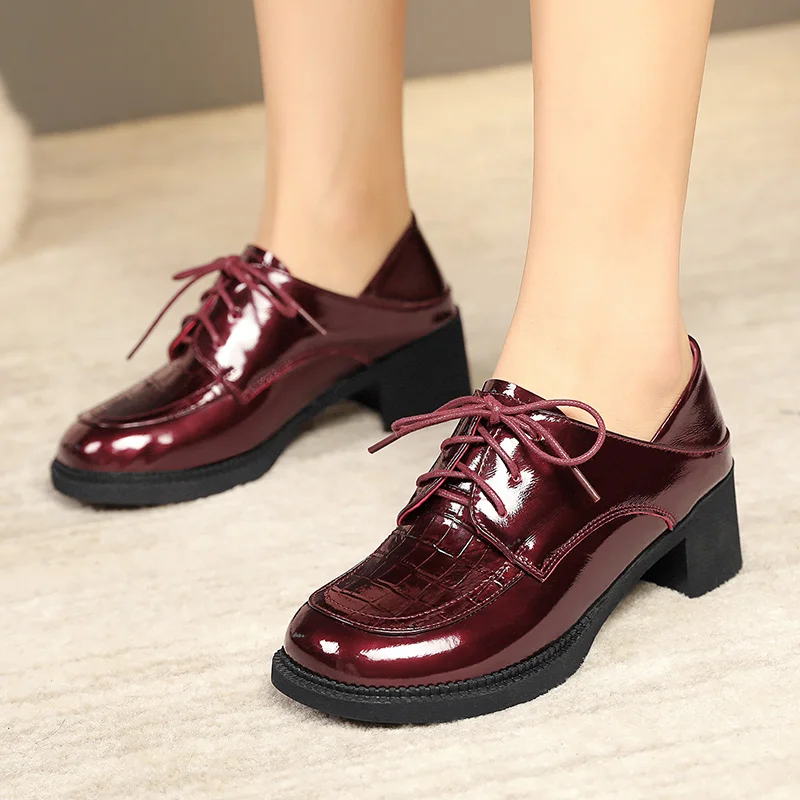 AIYUQI Women Oxford Shoes Genuine Leather Spring Large Size Women Shoes Lace-up Mid-heel Patent Leather Women's Shoes