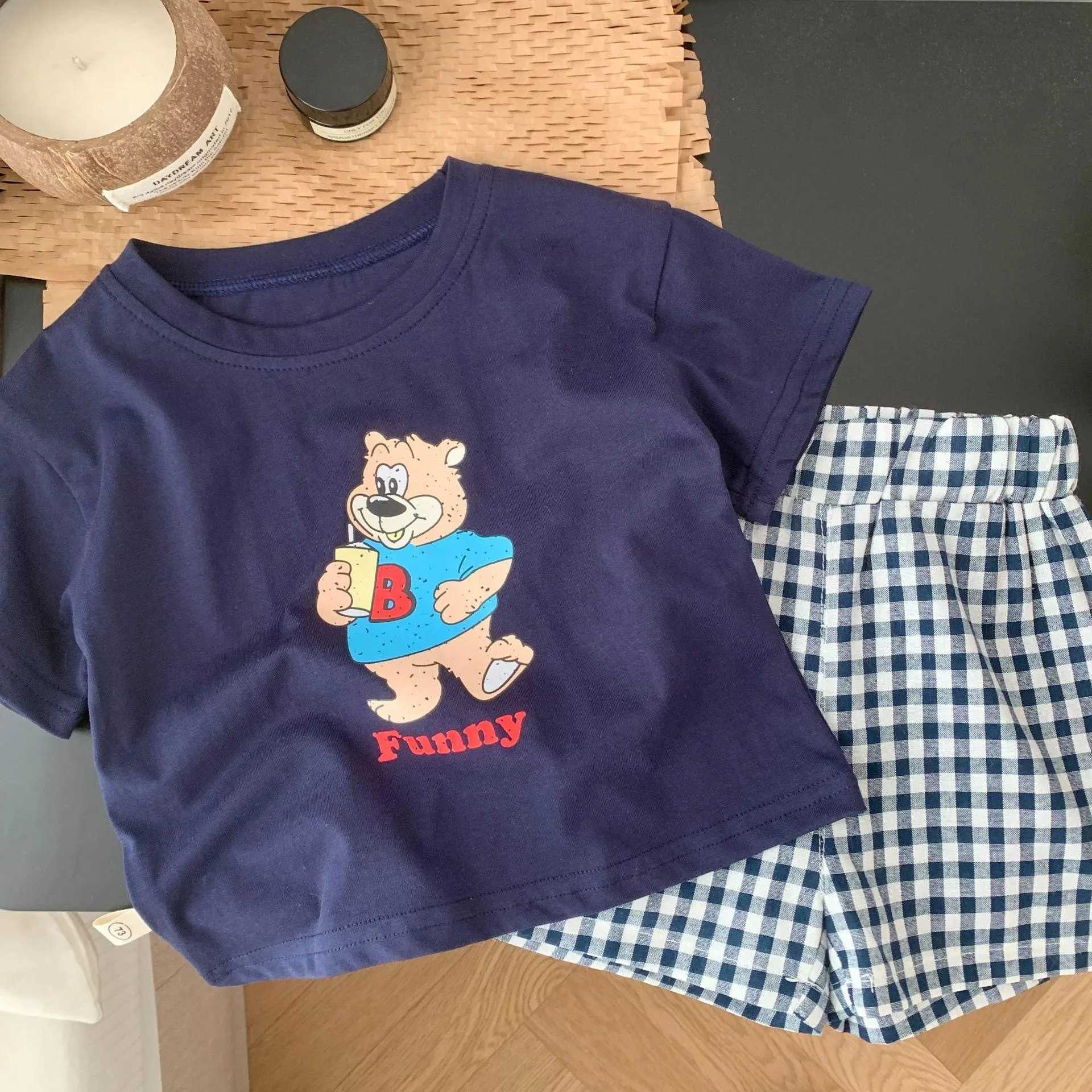 Clothing Sets Short Sleeve Tshirt+Plaid Shorts 2 Piece/Set Kids Cartoon Print Short Sleeve Tracksuits For Boys And Girls Cute Summer Clothing H241214
