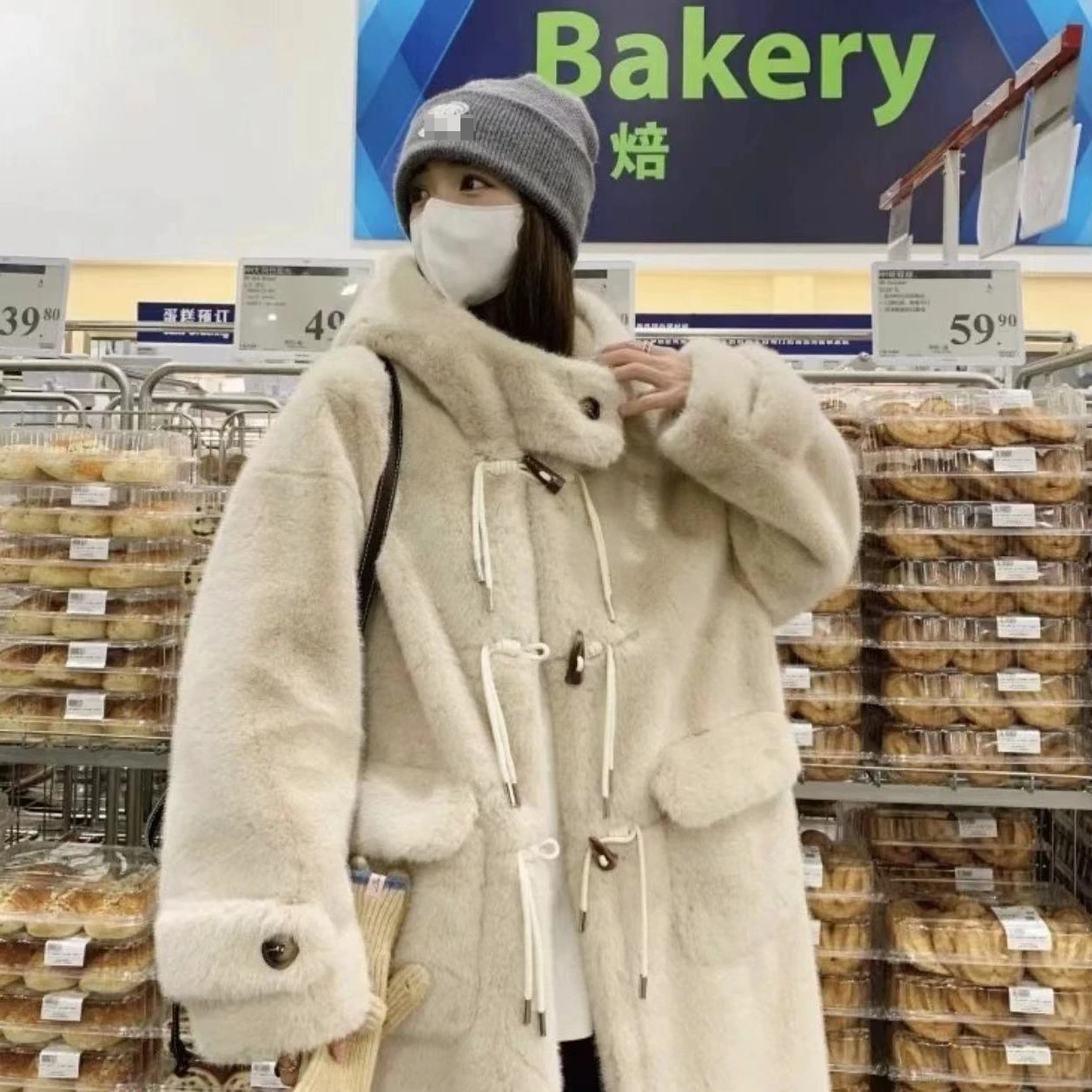 Winter Coat Hoodie Fashion Horn Button Environmental Protection Fur Women Clothing Thick Plush Loose Long Coats for 241211