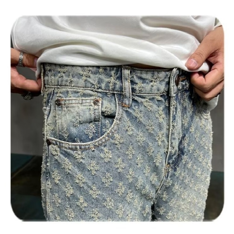 Jacquard All Over High Street Mens 2024 New Straight Lift Pattern Loose Wide Leg Casual Boyfriend Jeans Pants Tide