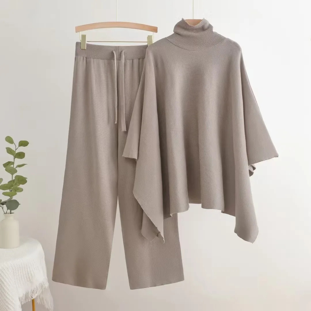 Elegant Knitted 2 Piece Sets Women Turtleneck Long Sleeve Knitwears Sweater Conjuntos Casual High Waist Sweatpants Outfit 241209