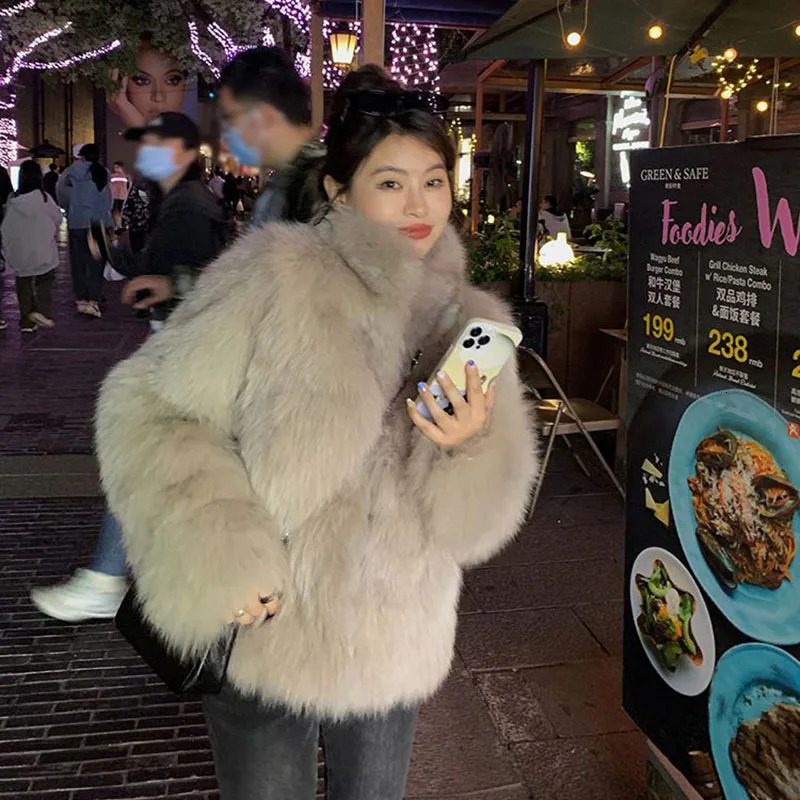Biyaby Winter Fashion Faux Raccoon Fur Coats Woman High Quali Korean Half Collar Long Sleeve Fluffy Crop Top Women 241211