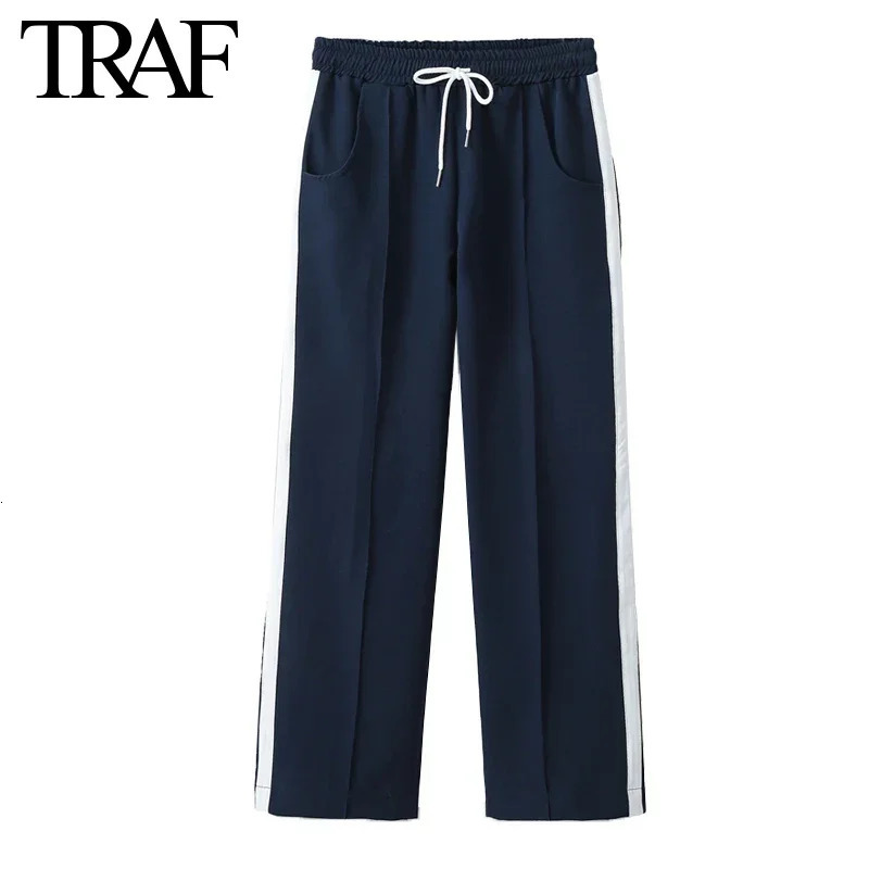 TRAF Women Fashion Spring Stripe Long Sleeve Zip Bomber Jacket Chic Female High Waist Jogging Pants Twopiece Set 241203