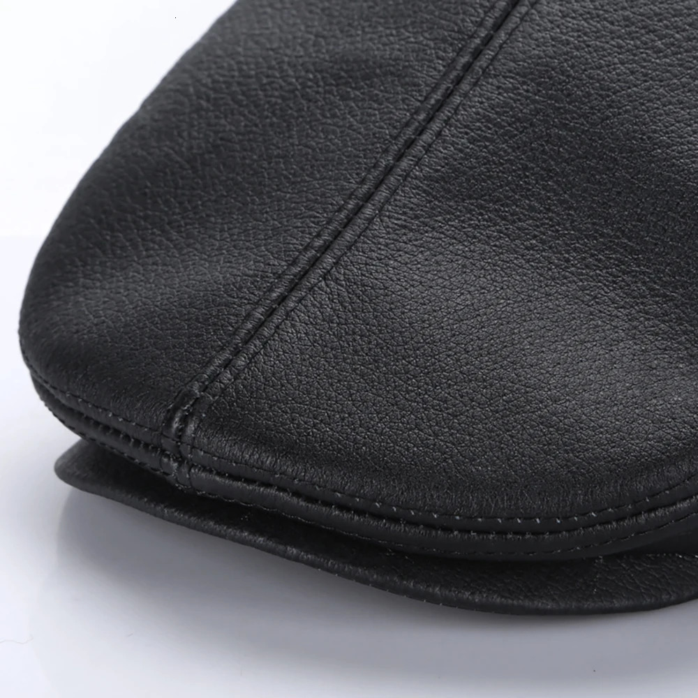 Lvy mens thick ear flaps genuine denim leather solid classic driving hat winter flat beret black warm duckbill 241210
