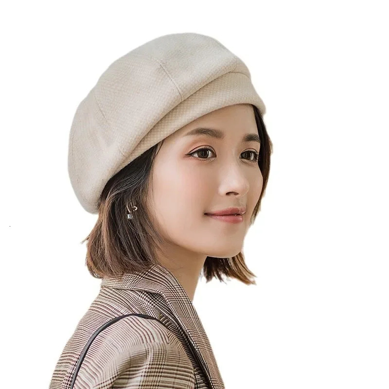 Korean style womens wool beret elegant winter cotton hat checkered retro octagonal casual autumn 241210